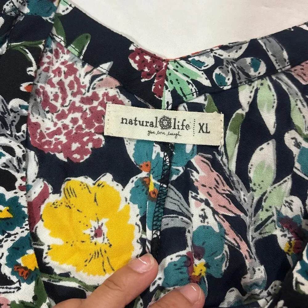 Natural Life Womens XL Floral Jumpsuit Colorful Boho Wide Leg Pockets Artsy